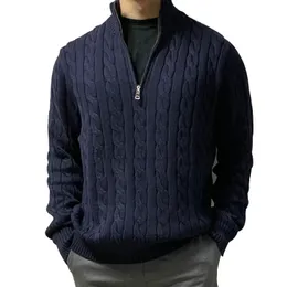 Suéteres femininos pulôver masculino quente camisola de malha sólida moda gola alta meia zip 100 algodão casaco de inverno casual 8509 231118