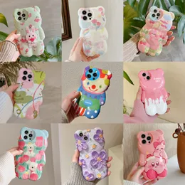 3D Cartoon Bear Cases Pink Ice Cream Melting Graffiti Flowers Butterfly for iPhone 14 13 Pro Max 13 12 11 Pro