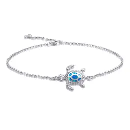 Tornozeleira de prata esterlina azul opala mar tartaruga tornozeleira joias finas para mulheres presentes nova versão tornozeleira ajustável de 4 níveis