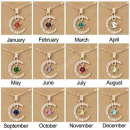 Trendy Moon Star Birthstone Pendant Necklace Wish Card for Women Crystal Gold Color Clavicle Chain Mom Birthday Jewets Gifts