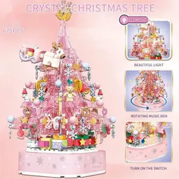 Blocks 675PCS Crystal Christmas Tree Building Romantic Pink Music Box With Light Model Bricks Desktop Decoration Children Gifts 231117