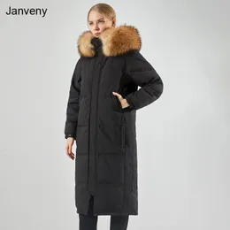 Women's Down Parkas JanVeny Winter Real Raccoon Fox Fur Hooded Puffer Feather Down Coat Luxury Women X-Long 90% Duck Down Jacka Female Parkas 231117