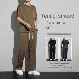 Herrspårspår Fashion Sports Suit Men Summer Thin Men's Short-Sleeved T-shirt Trousers Men's Casual Drape Two-Piece Suit 230418