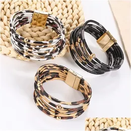 Charm Bracelets Alloy Leopard Magnetic Buckle Leather Bracelet With Beaded Rope Copper Tube Gc101 Drop Delivery Jewelry Dhxka