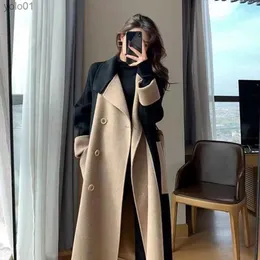 Women's Wool Blends Women Overcoat Color Matching Double-breasted Winter Coat Mid Length Double-sided Turn-down Collar Lady Coat For DatingL231118