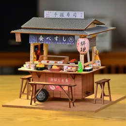 Decorative Objects Figurines DIY Wooden Doll House Japanese Sushi Store Miniature Building Kit BBQ Breakfast Dollhouse With Furniture Toys for Girls Gifts 231117