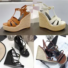 플랫폼 샌들 슬라이드 여성 카산드라 웨지 ESPADRILLES 디자이너 검은 색 특허 가죽 하이힐 조절 가능한 발목 스트랩 웨딩 드레스 신발 35-41 상자 No325