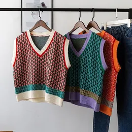 Kadın Yelekleri Şık Vintage Argyle Sweater Yelek Kadınlar İçin Sonbahar Kış Kazak Hit Renk Örgü Yelek Kolsuz Jecket Gilet Femme 231117