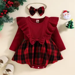 Rompers Ma Baby 0-24m Christmas Girl Red Romper Born Born Baby baby baby baby bow bow jumpsuit plaid print xmas costumes d01 230418