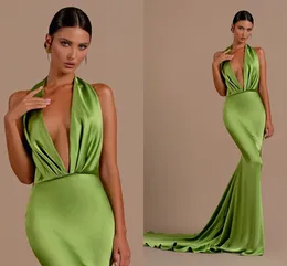 Simple Green Mermaid Evening Dresses For Women Deep V Neck Backless Satin Evening Pageant Gowns Special Occassion Birthday Celebrity Party Dress Formal Wear