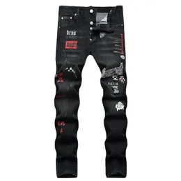 Мужские джинсы Европейские и американские модные мужские черные рваные джинсы с цифровым принтом в клетку с ромбами, маленькие прямые мужские джинсы 231117