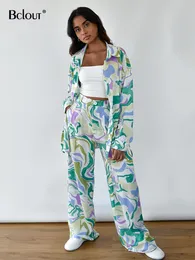 Women's Two Piece Pants Bclout Summer Print Pants Set 2 Pieces Womens Outfits Elegant Long Sleeve Shirts Fashion High Waist Long Pants Suits Female 230417