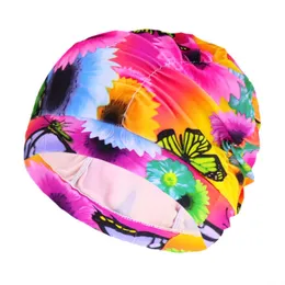 Gorros de natación Flor plisada pétalo impreso gorra de tela piscina playa surf protección pelo largo auricular de gran tamaño mujer P230531