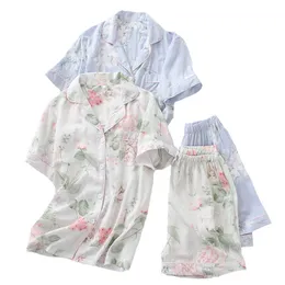 Kobietowa odzież sutowa 2PCS Zestaw piżamowy Kobiety Prosty styl snu Summer Floral Printed Town Cllar Topshorts Comfort Zestaw odzieży domowej 230418