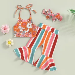 Kleidungs-Sets 0215 Lioraitiin 05 Jahre Kleinkind Baby Kind Mädchen 3-teiliges Sommer-Set Tieup Neckholder-Blumenweste mit gestreifter Schlaghose 230418