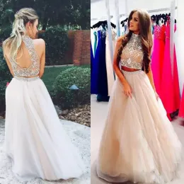 Two Piece Prom Dresses High Neck Crystals Pärled Tulle Custom Made Sleeveless Floor Lengrh Evening Gown Formal OCN Wear Vestidos Plus Size 403 403