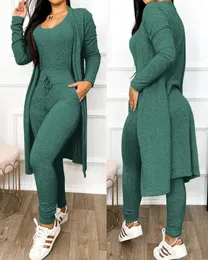 Kvinnor Tvåbitar byxor 2 -stycken Autumn Fashion Uneck ärmlös bodysuit Casual Drawout Pocket Lång ärmrockuppsättning 231118