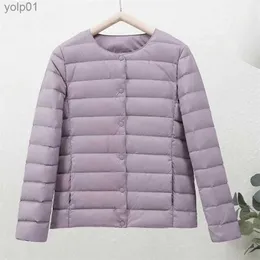 Women's Down Parkas Women UltraLight Autumn Winter Puffer Kurtki 2023 NOWOŚĆ bez kołnierza Rrsible Duck Down Coat Fe Portable Feather Overcoatl231118