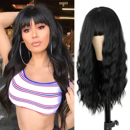 Synthetic Wigs Black with Bangs Long Wavy for Women Natural Curly Hair Girls Daily Party Use 230417