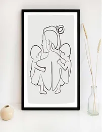 Family Portrait Mom Two Baby Art Line Ritning Affischer Abstract Minimalist Wall Canvas Print målning Nursery Dekorativa bilder P1341035