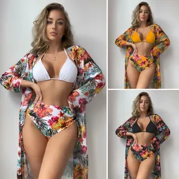 Women's Swimwear Floral Printed Halter Bikini 3 Pieces High Waisted Sexy Women Swimwear Padded Bikini Ser Cover Up Black/White/Orange Colors 230418