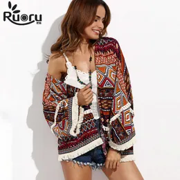 Sunscreen Clothing Ruoru Bohemian Beach Wear Kimono Cardigan Tunic Women Tops and Blounes Top Top Boho Fringe Beach Beach Beach Sunscreen Clothing P230418