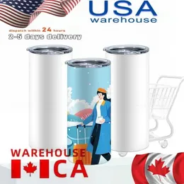 CA/米国在庫20オンス空白の昇華白い水ボトルdiy真空断熱タンブルとプラスチックストロー屋外キャンプカップSS0418