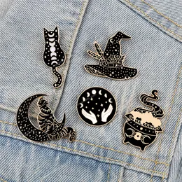 Witches Punk Schwarze Emaille Pins Magische Hutofenofen Mond Katze Brosche Rucksack Denim Lappel Pin Badge Dark Gothic Party Juwely Geschenk Mode Schmuckbrosches Black Punk