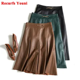 Skirts Literary Retro Leather Skirts Women Female 3D Metal Tailoring High Waist Mid Long Sheepskin Green Pleated Jupe Falda De Mujer 230418