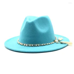 Berets Classic Fedora Hat With Pearl Tassel Chain Woolen Jazz Men And Women Big Brim Fashion Flat Panama