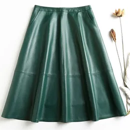 Skirts Vintage Ropa Winter Women Genuine Leather Thin A-line Pleated Skirts Femme Wine Red/Black 65cm Long Jupe Mujer Casual Etek Steet 230418