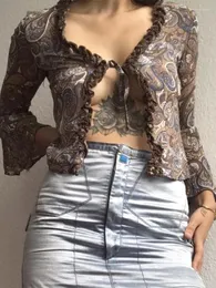 Women's T Shirts SEASONS Flare Sleeve Vintage Cardigan Tshirt Aesthetic Graphic Print Women Chic Ruffles Lace Up Crop Top Ladies ASTS85990