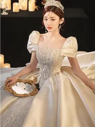 Full Pearls A Line Wedding Dresses 2023 Spets Tulle Appliques Beading Summer Beach Satin Wedding Bridal Clowns Vintage Luxury Plus Size Ball Gown Sweep Train Vestidos