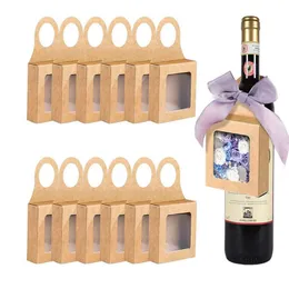 200 st/parti Kraft Paper Wine Bottle Box med fönstervin hängande fällbara presentlåda Vinlådor för gåvor Candy Chocolate