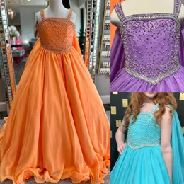 Lång chiffongflicka Pageant Dress 2024 Cape Orange Ballgown Little Kid Birthday Formal Party Gown Spädbarn Toddler Teens Preteen Tiny Young Junior Miss Runway Ocean