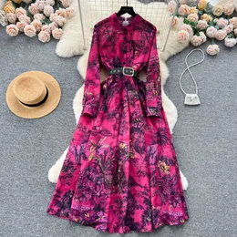 French Light Luxury Retro Atmosphere Printed Dress Autumn Waist Shrinking Design High Grade Temperament Long Dress