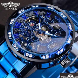 Relógios de pulso Vencedor Transparente Diamante Relógio Mecânico Azul Esqueleto de Aço Inoxidável Relógio Marca Luxo Negócios Lumi Dhgarden Ot8ix
