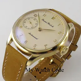 Altri orologi Orologio meccanico a carica manuale vintage da uomo in oro 44 mm orologio da polso in acciaio sportivo 17 rubini 6497 Movtt cinturino kaki con retro in vetro 231117