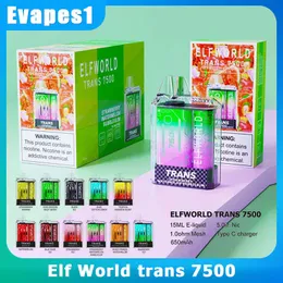 Original Elfworld Trans 7500 puffs engångsvape 15 ml Förfylld e -cigarett 5% NIC med 650mAh laddningsbart batteridätspolarfält vs Vapme Bang Zooy