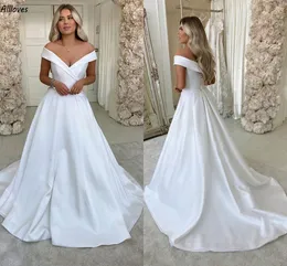 ساتان بسيطة Aso ebi A Line Wedding Dresses Sexy قبالة الكتف Solid Boho Garden Bridals Sweep Train Incoral Detember Vestidos de Novia CL0427