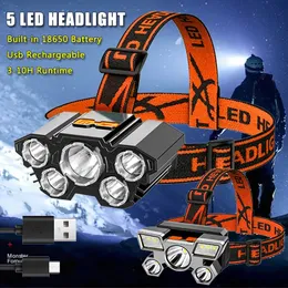 Stirnlampen 5 LED starke Scheinwerfer superhelle USB-Aufladung eingebauter Akku Outdoor-Nachtangeln 231117