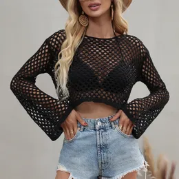 T-shirt da donna Maglieria in lana tinta unita Mesh girocollo manica lunga pullover lavorato a maglia Top per donna 5 colori Beachwear Bikini Cover Up 230418