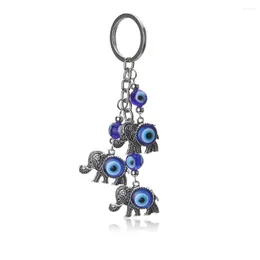 Keychains 1pc Blue Evil Eye Charms Keychain Three Elephants Form Pendent Key Chain Alloy Tassel Car Fashion SMEEXKE Gifts