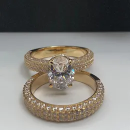 Klusterringar isade ut bling kubik zirkoniume cz geometri oval dubbel set finger ring för kvinnor lady charm bröllop engagemang guld färg juvel