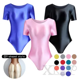 Swim Wear Xckny Sexy Tights Oil Glossy Slip Smooth Thongs High Fork Short Sleeve Swimsuit Yoga Sportswear Solid Color Bodysuit 230418