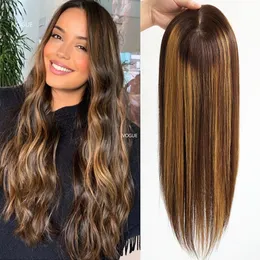 Spitze Perücken 6X6 Zoll Silikon Haut Basis Topper 4 27 Balayage Remy Echthaar Frauen Toupet Mit Clip Ins Haarteil Braun Blonde Highlights 231113