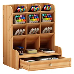 Träskrivarorganisatör, multifunktionell DIY Pen Holder Desktop Storage Boxes, Desktop Stationary, Home Office Supply Storage Rack med Drawe