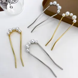 Kvinnors U-formade hårnålar Simple Pearl Alloy Hair Clips Gold Silver Color Ancient Style Headwear Female Fashion Hair Accessories