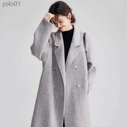 Lã feminina mistura casaco de lã dupla face cinza para mulheres no outono e inverno 2023 novo tecido de lã de comprimento médio de alta qualidade casaco longo espessadoL231118