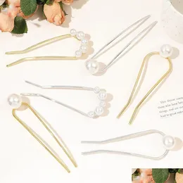 Hair Accessories Elegant Antique Imitation Pearl Hairpin Metal Barrette Clip Simple Modern Temperament Head Headdress Sticks Drop De Dh18X